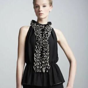 Neiman Marcus Robert Rodriguez Black Tan Ruffle Blouse Regal Victorian Medieval